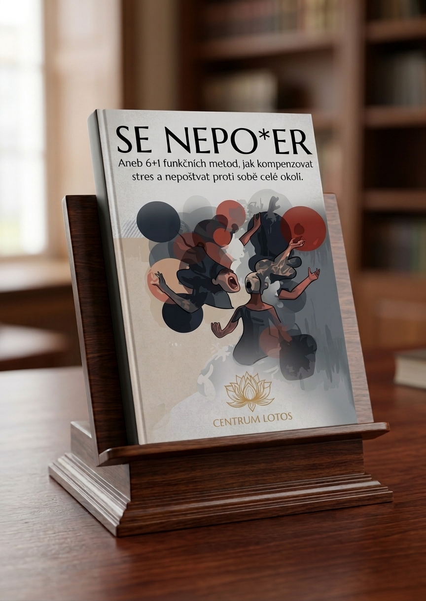 Kniha „SE NEPO*ER“ s ilustrací postav a lotosovým logem Centrum Lotos stojí na dřevěném stojánku.